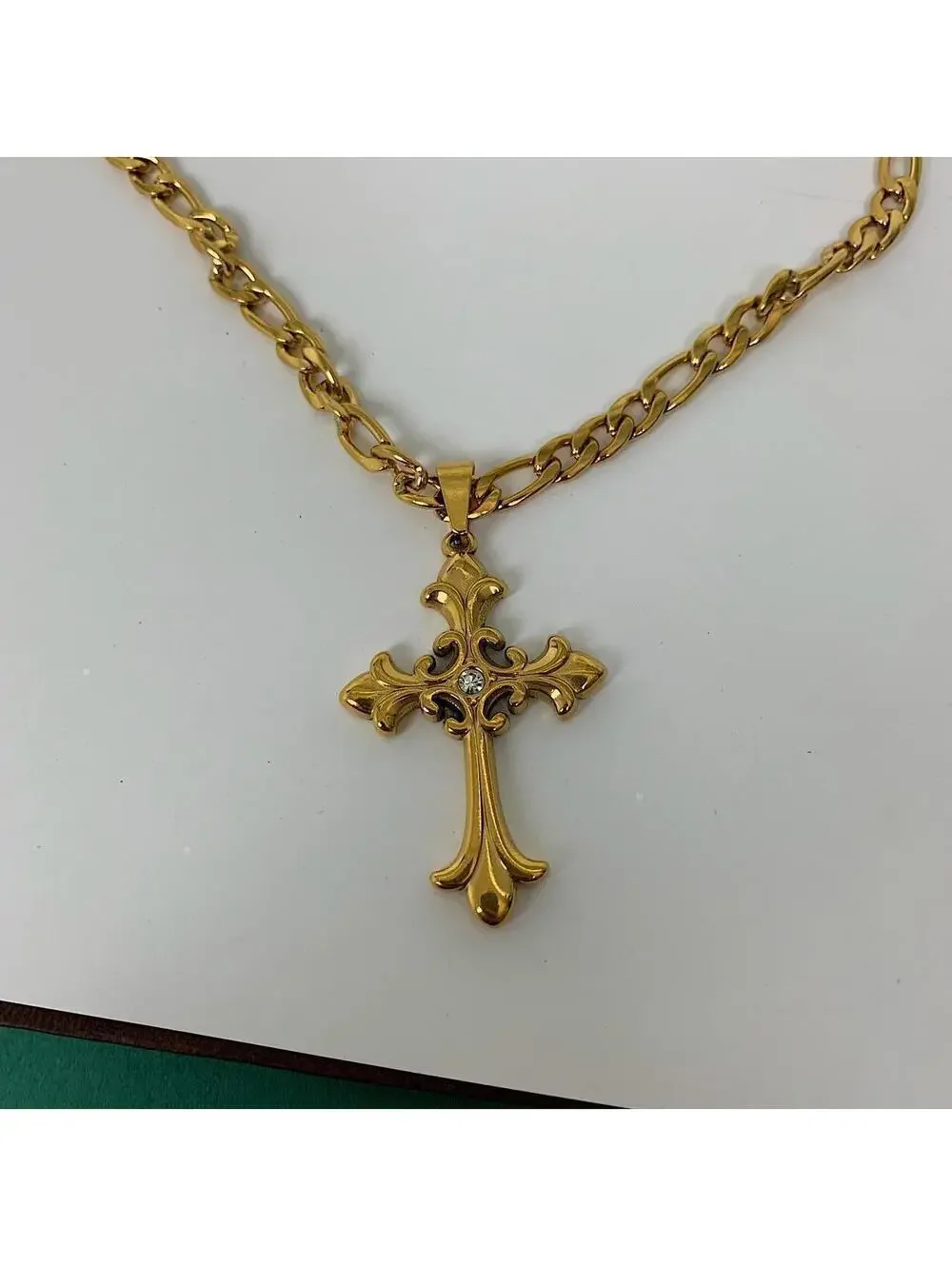 Y2k style Gold Figaro Big Gothic Rhinestone Cross Pendant Necklace. Stainless